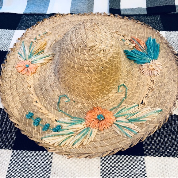 Hand Crafted Accessories - Vintage Straw Sombrero Wide Brim Hat